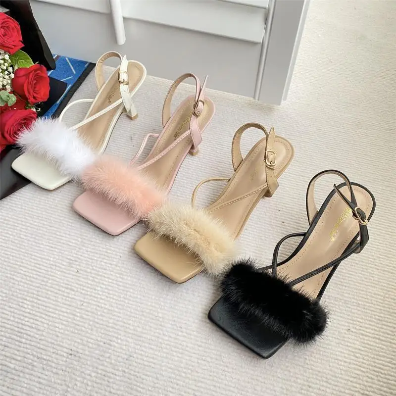 

Sandals women's 2022 new summer high-heeled shoes net red stiletto sexy one-word buckle hairy pink tide