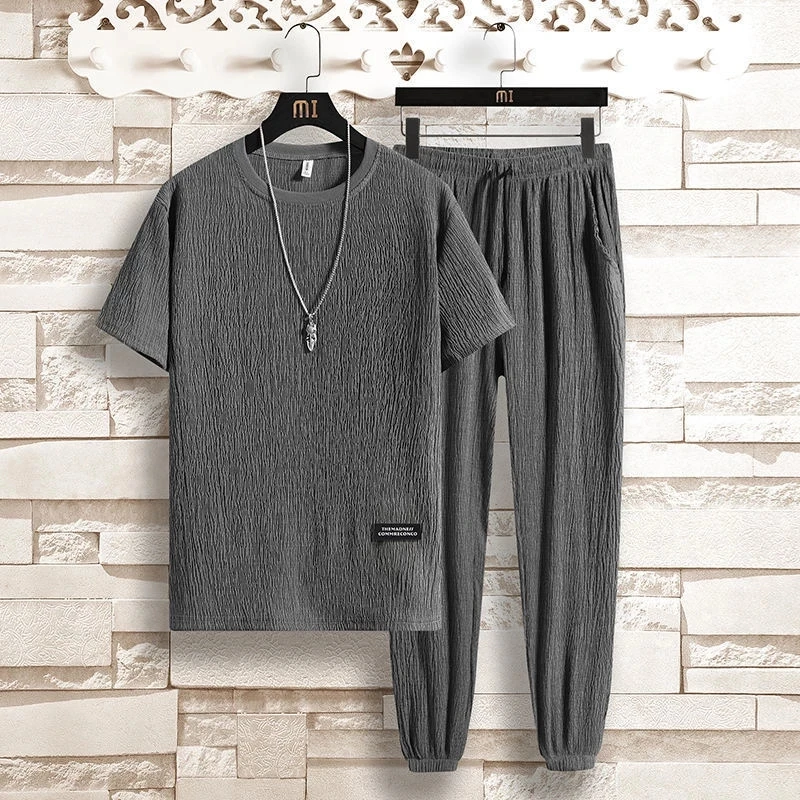 

New Arrival Men's Cool and Thin Short Sleeve T-shirt+Pant Two-Piece Set Solid Shirt+Trousers Home Suits Male Size M-4XL 8013