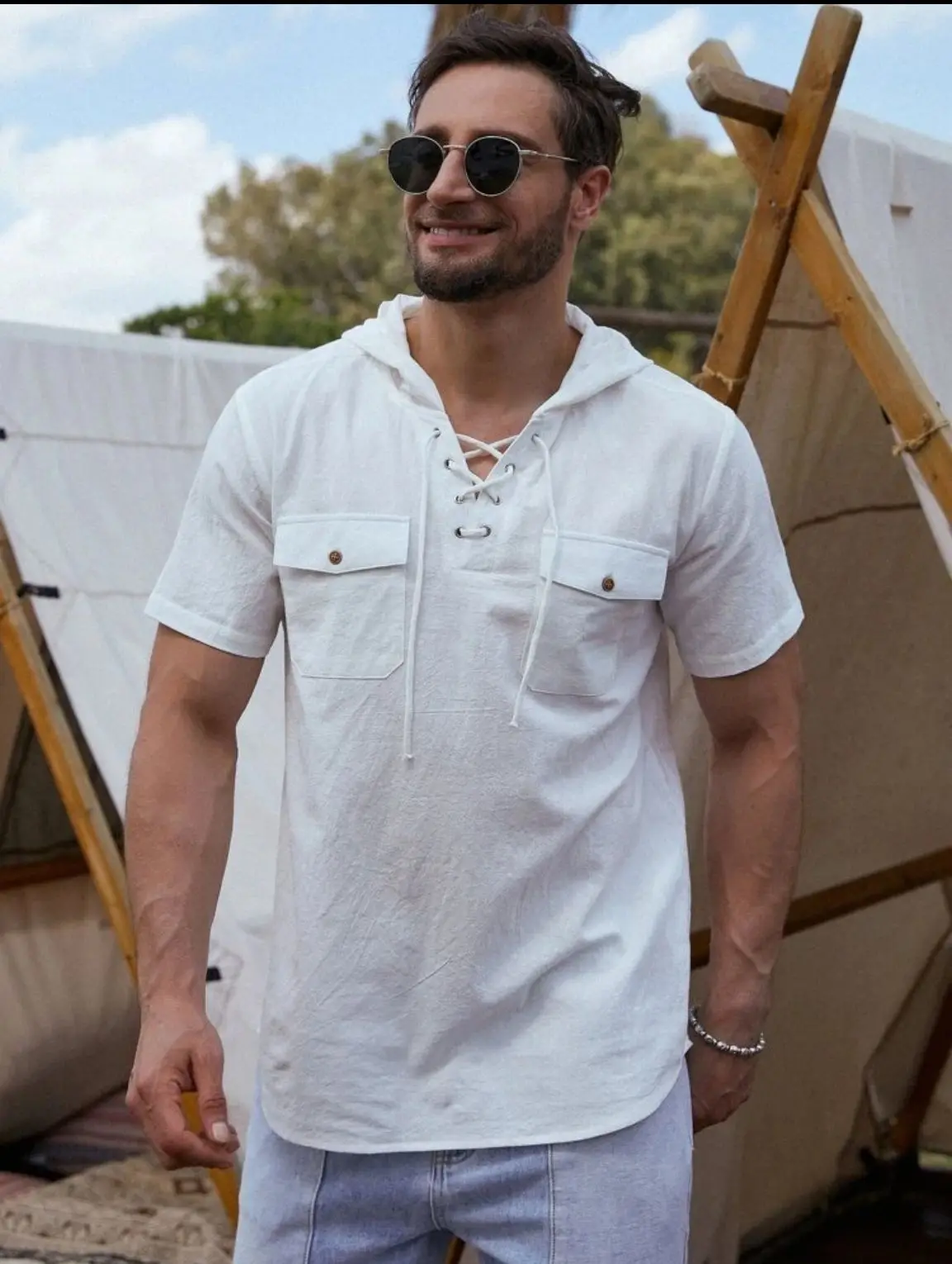 

Men's T-Shirt Top V-Neck Short Sleeve Double Pocket Cotton Linen Solid Color Lace-Up Fashion Casual Workwear Hooded Pocket Shirt