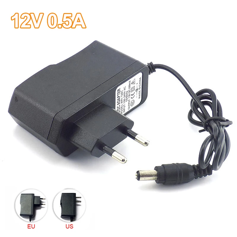 

AC to 100-240V DC Camera Power Adapter Supply Charger Charging adapter 12V 0.5A 500mA for LED Strip Light 5.5mmx2.1mm US/EU Plug