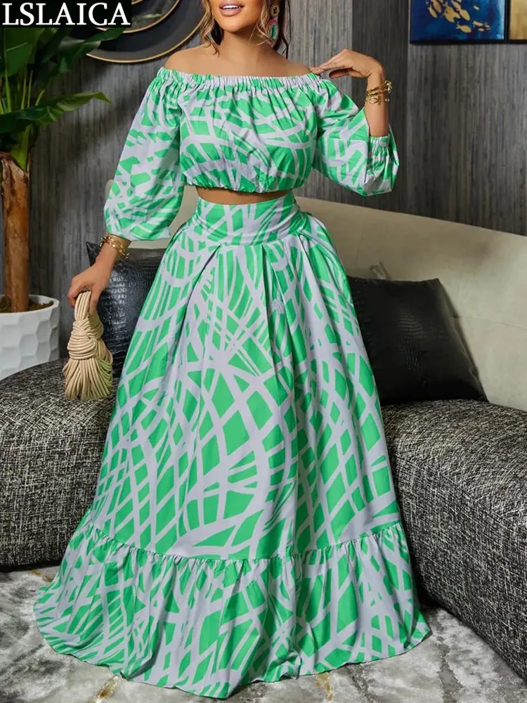 

Floral Print Cropped Top and Skirt Set Loose Sexy Club Outfits for Women2023 Fashion Maxi Dress Off Shoulder Two Piece Blouse
