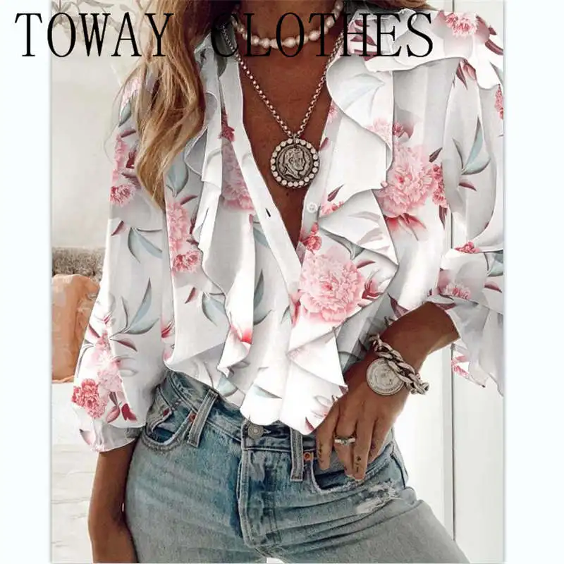 

Women V-Neck Floral Print Ruffle Hem Button Front Top Blouses Shirt Chic Summer Wear