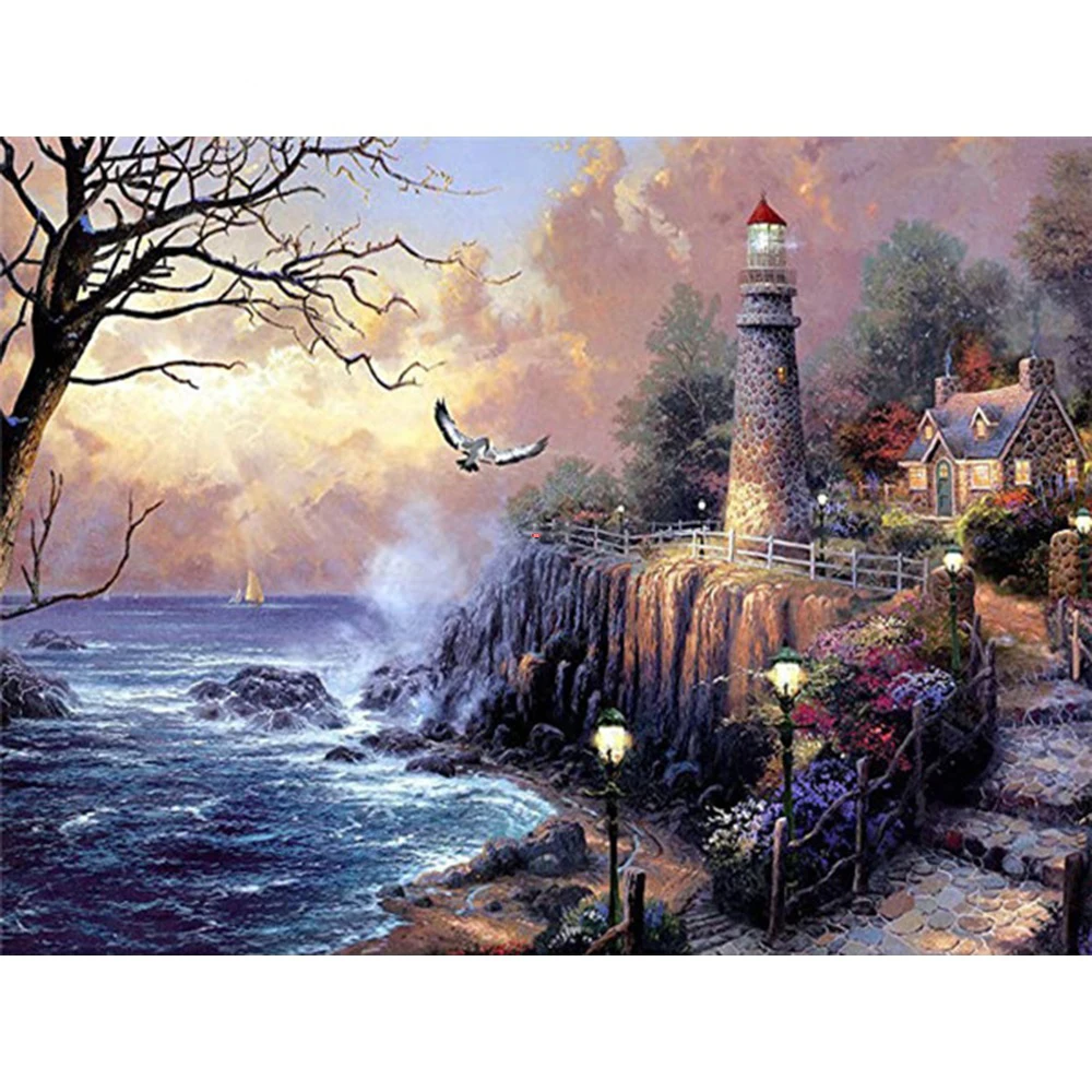 

5D алмазная живопись с маяком, полная вышивка, алмазная вышивка «сделай сам», пейзаж, море, Алмазная мозаика, вышивка крестиком, домашний деко...