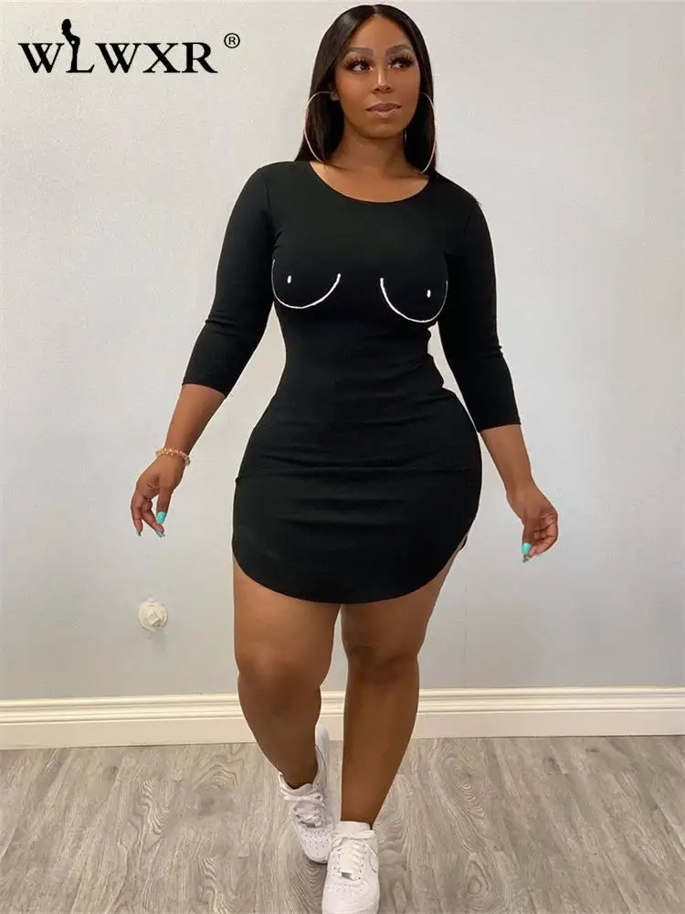 

WLWXR Fall Casual Black Dresses For Women 2022 O Neck Three Quarter 3D Print Dress Club Outfits Fashion Bodycon Mini Dress