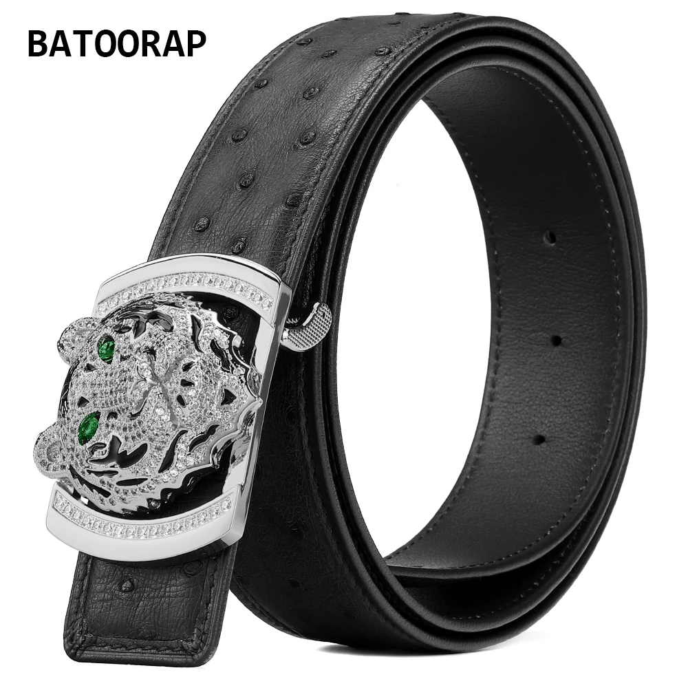 

Batoorap South African High-end Ostrich Leather Belt Black Domineering Tiger Head Stainless Steel Buckle Luxury Designer Style