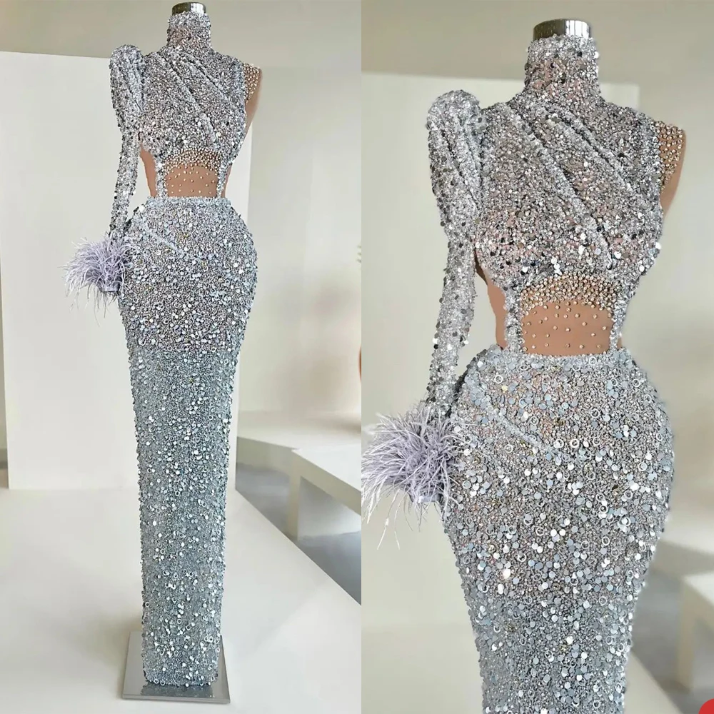 

Shiny Silver Feathers Party Dresses One Shoulder Prom Gowns Custom Made Sequined Beadings High Mermaid Evening Dresses