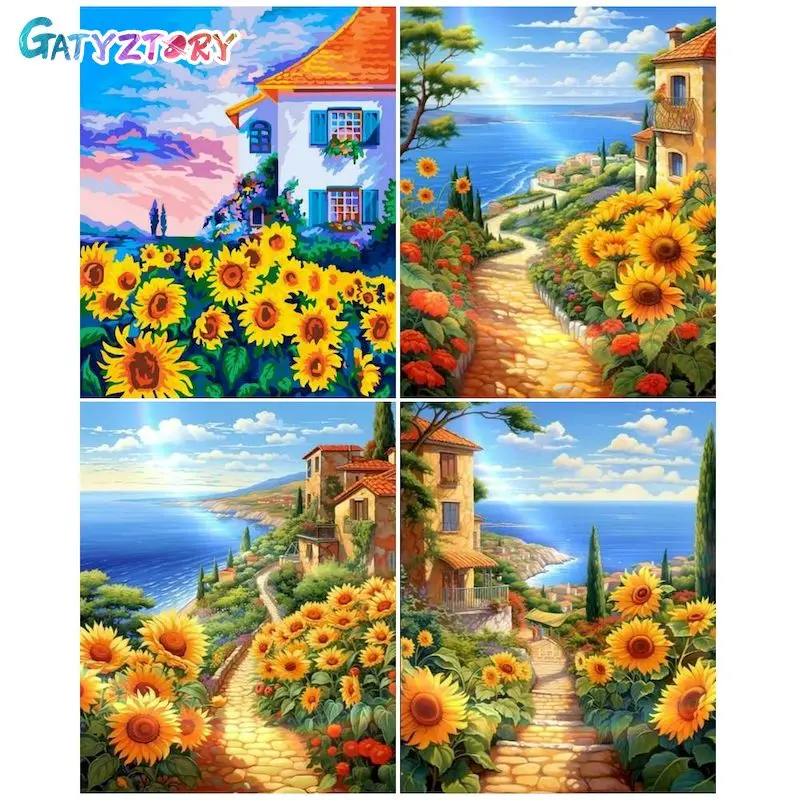 

GATYZTORY Acrylic Painting By Numbers For Handiwork Sunflowers Landscape On Canvas Unique Gift For Adults Wall Decors Picture Dr