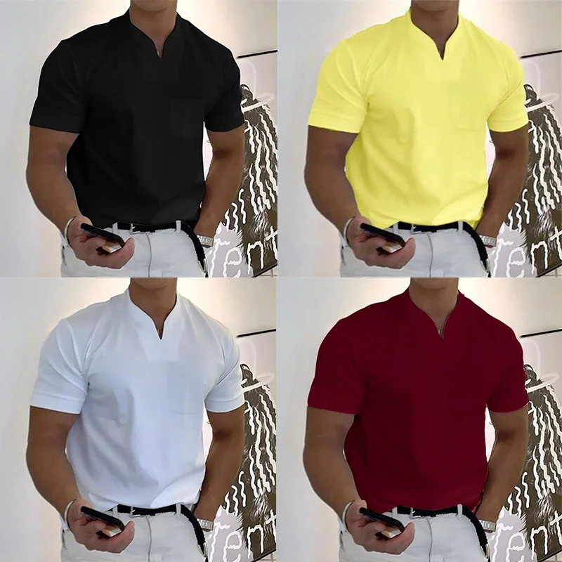New Men's Summer Casual Fitness Sports T-Shirt Men's Solid Color Elastic Pocket Short Sleeve V-Neck Leisure T-Shirt Male Tops