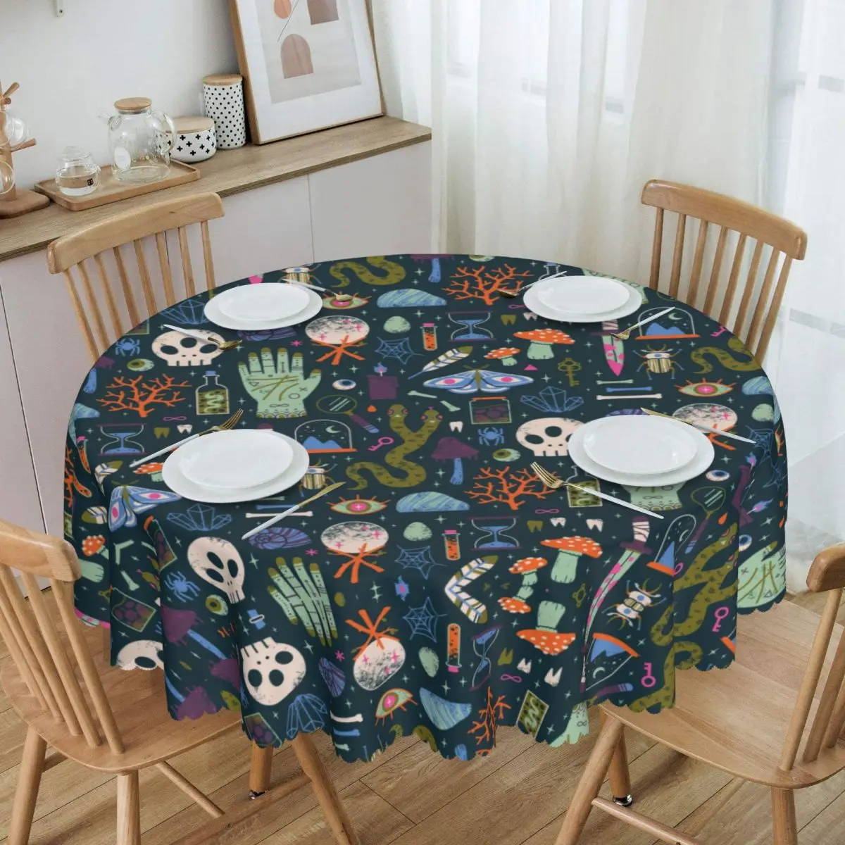 

Round Curiosities Halloween Witch Pattern Table Cloth Waterproof Tablecloth 60 inch Table Cover for Kitchen Dinning