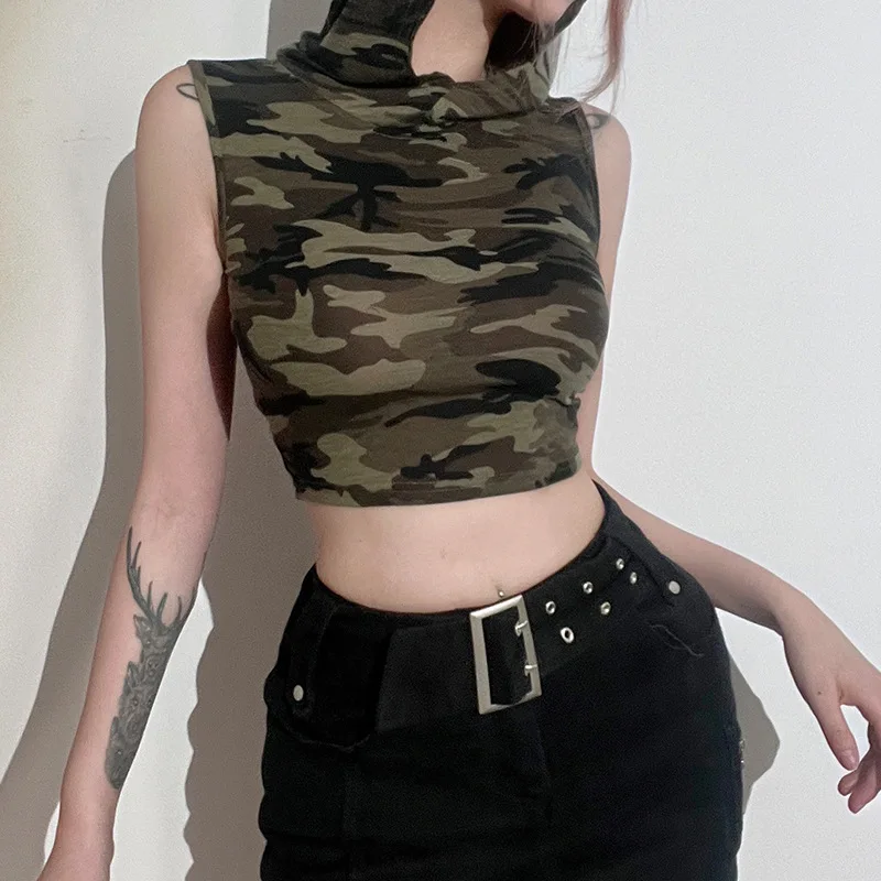 

Жилет женский Камуфляжный с капюшоном, облегающий укороченный топ без рукавов, с открытой спиной, уличная мода, лето 2023