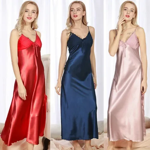 Sexy Silk Satin Night Dress Sleeveless Nighties V-neck Bow Nightgown Long Nightdress Lace Sleepwear Nightwear For Women