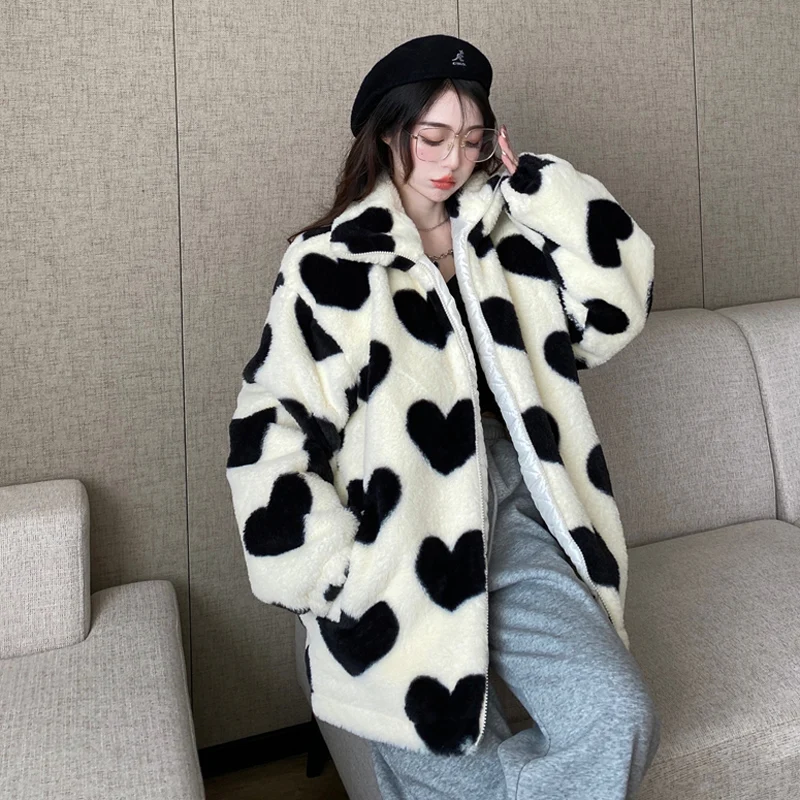 

Parkas Women's Fashion New Cotton-Padded Cardigan Loose Love imitation lambswool Plus velvet Padded Cotton Coat Female 843i