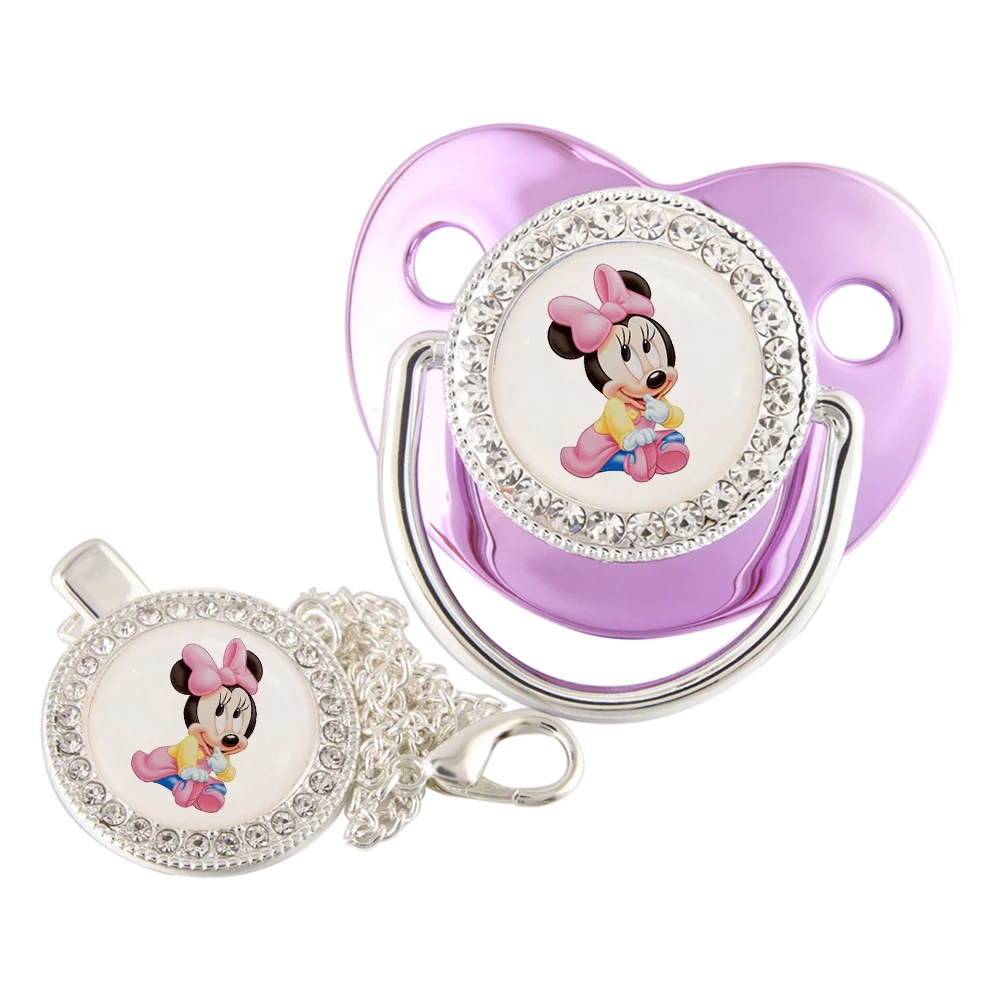

Disney Minnie Mouse Image Bling Rhinestones Baby Pacifier And Chain Food Grade Silicone Infant Dummy Nipple For Baby Shower Gift