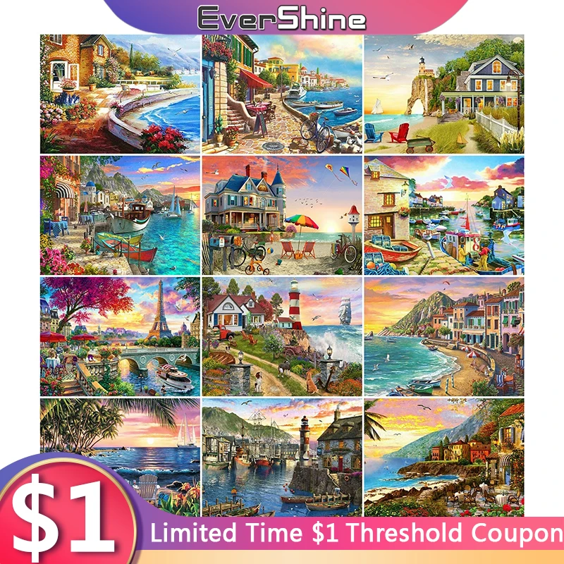 

EverShine Diamond Mosaic House Cross Stitch Town Diamond Painting Seaside New Full Square Round City Embroidery Home Decor