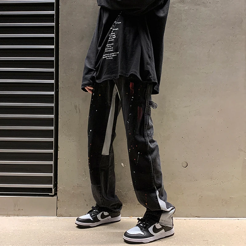 Jeans Men's High Street Paint Spot Jeans Men's Straight Loose Casual Hip Hop Design Wide Leg Mopping Pants Y2k Aesthetic Pants