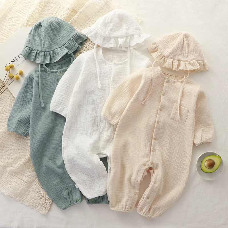 

Newborn Baby Clothes 100% Cotton Gauze Romper+Cap Set Onepiece Pijamas Macacão Infantil Muslin White Waffle Jumpsuit Mamelucos