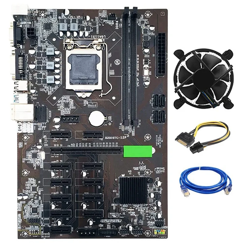 

B250 BTC Mining Motherboard Kit LGA1151 PCI-E X16 DDR4 With Cooling Fan+SATA 15Pin To 6Pin Power Cord+RJ45 Network Cable