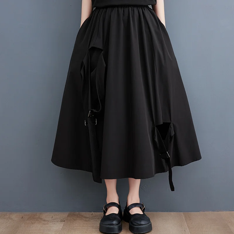 

#3047 Black Irregular Skirt Women Ribbons Streetwear A-line Skirt Holes Harajuku Midi Skirt Ladies Summer Skirts Womens Thin