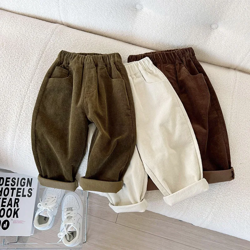 

Детские длинные нейтральные вельветовые винтажные Открытые брюки с эластичным поясом однотонные длинные брюки для мальчиков осень 2022 Нови...