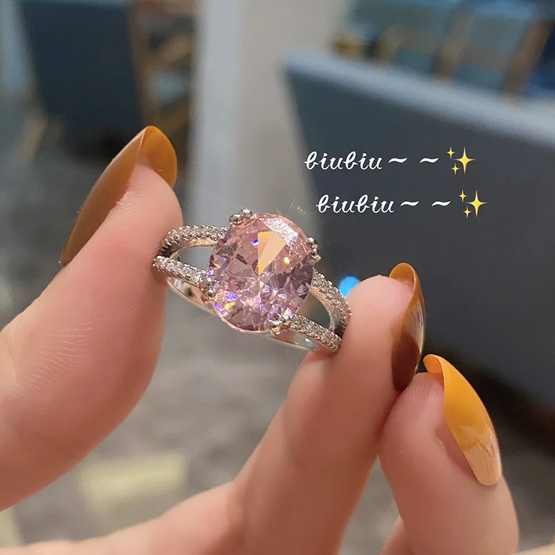 

European And American Fashion New Pink Zircon Ring Two Flanks Hollow Ring Girl Advanced Sense Charm Rings