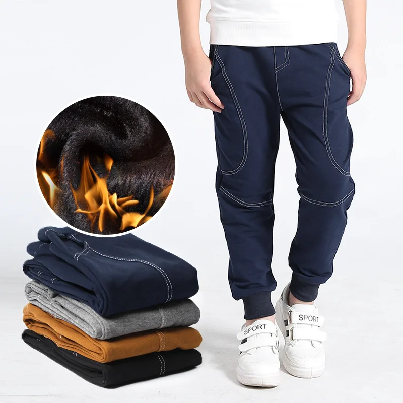 

Korean Teenage Boys Warm Trousers Cotton Fleece Thicken Sweatpants for Big Kids Thicken Add Wool Long Pants Solid Color Clothes