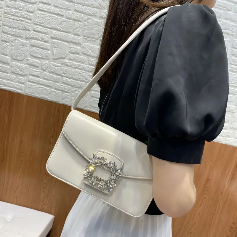 

White One Shoulder Bag for Women New Diamond-Embedded Small Square Bag Versatile High-Grade Rhinestone Underarm Bag Ladies