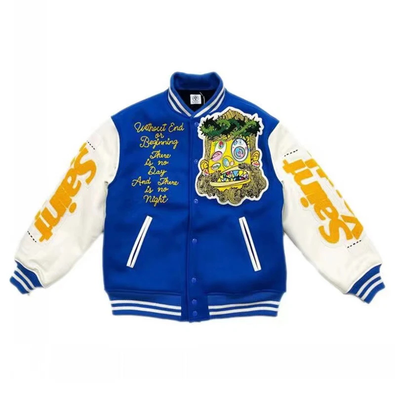 

Japanese Retro Leather Sleeve Embroidery Spliced Woolen Coats Mens High Street Stand Oversized Graffiti Casual Winter Jackets