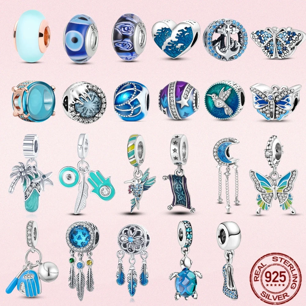 

2022 New Silver Color Blue Charms Dream Catcher Star Moon Butterfly Beads Fit Original Bracelet DIY Women Jewelry