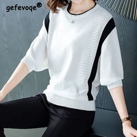 summer women fashion bat sleeve round neck knitting casual t shirts 2022 autumn all match loose korean office female elegant top