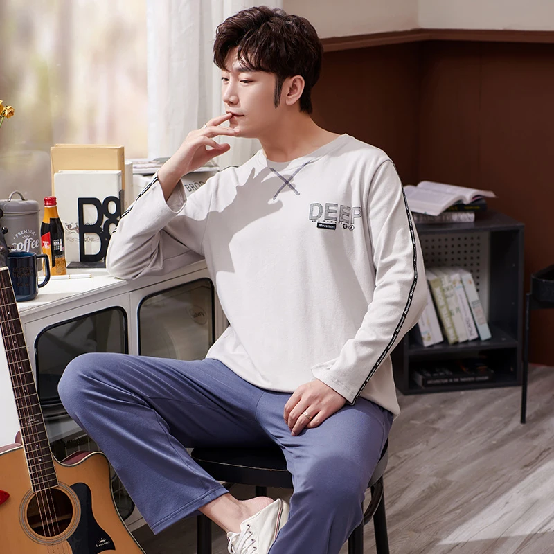 QUHENG Autumn Men's Cotton Round Neck Long-sleeved Suit Youth Solid Color Simple Pajamas Home Clothes 2-pieces Sleepwear