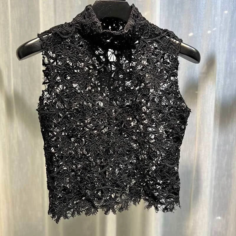 

Black Vset 23SS Lace Vinatge New Fashion Runway High Collar Short Tank Tops Sexy Slimming Women Sleeveless Top Quality Clothes
