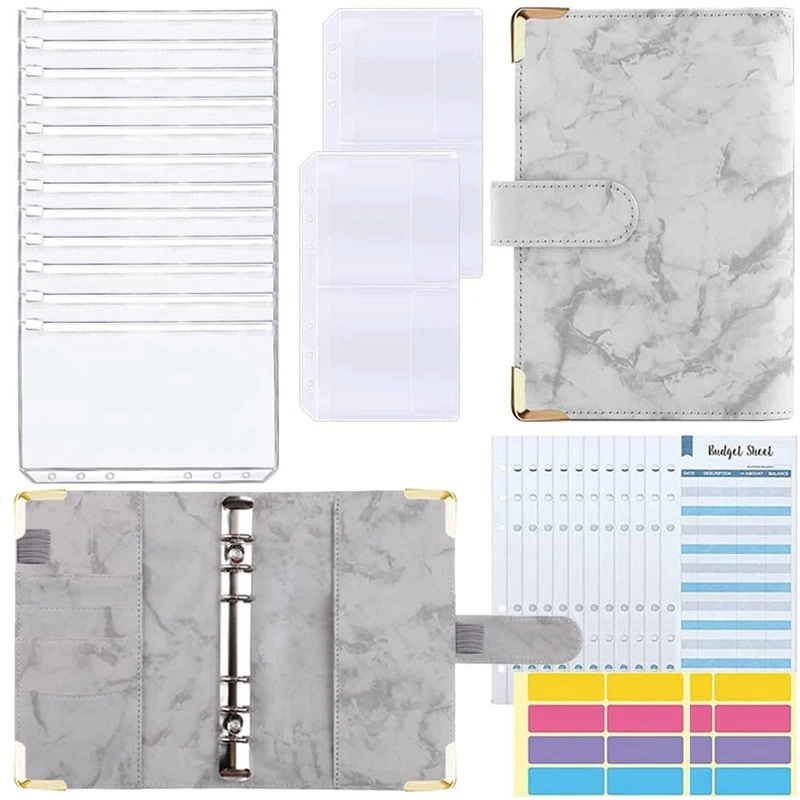 

A6 Budget Binder, 29Pcs Marble Cover with Money Saving Binder, Cash Envelopes, Budget Sheets,for Saving Money