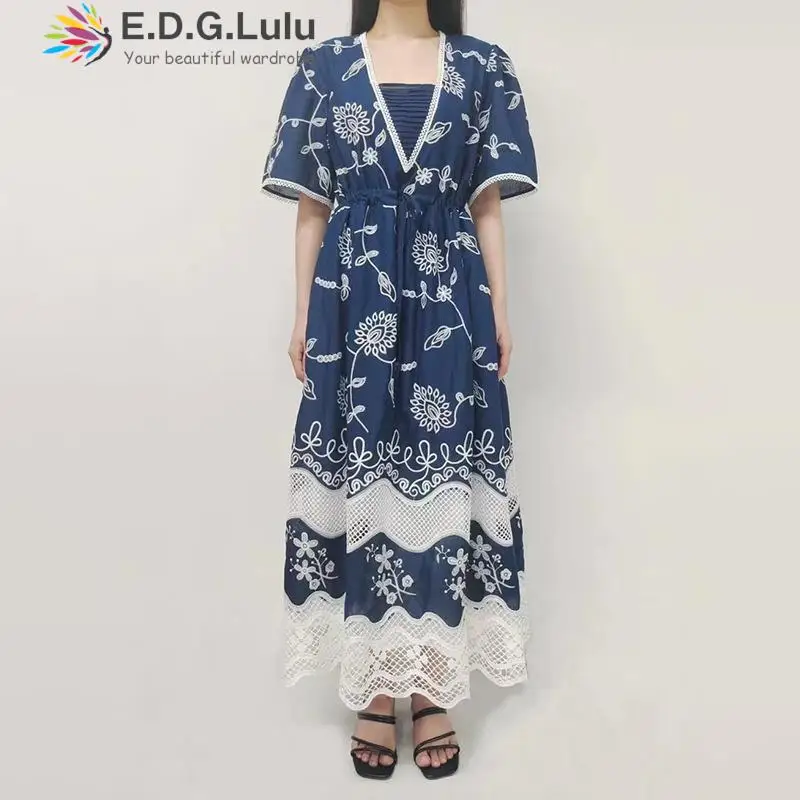 

EDGLuLu Vestidos Verano 2022 Mujer Summer V Neck Short Sleeve Long Dress Elegant Printed Embroidery Beach Dress Vacation 0702