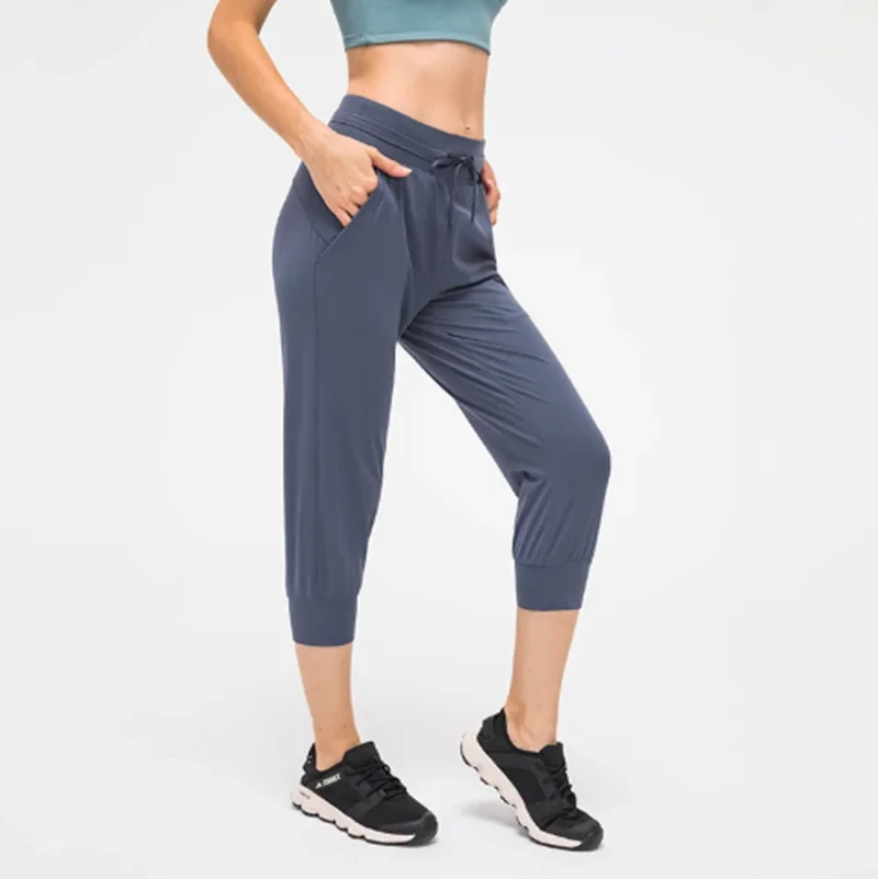 

LULU YOU WANT Women Crop Running Jogger Capris with Side Pockets Naked Feeling Leggings Drawstring Waist Good Quality