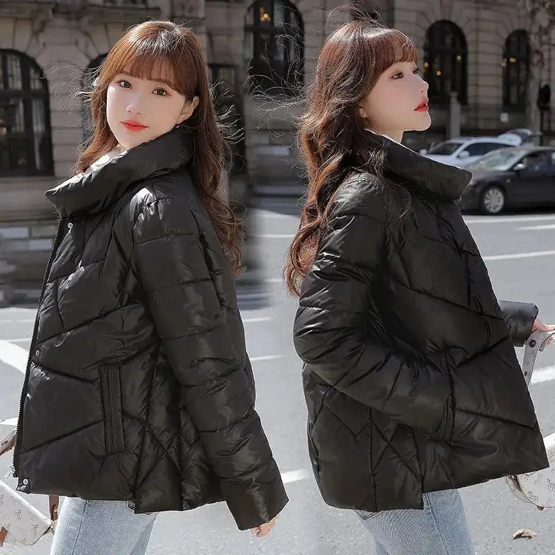 2022 Autumn Winter Bright Face Padded Jackets Women Short Coat Loose Stand-Up Collar Fashion New Black Down Cotton Jacket Female