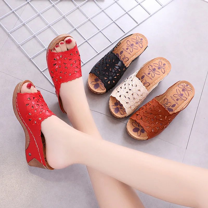 

One word type middle heel platform Retro Sandals Women Summer Flowers Sandals Fish Mouth Woman Sandals Plus Size Female Shoes