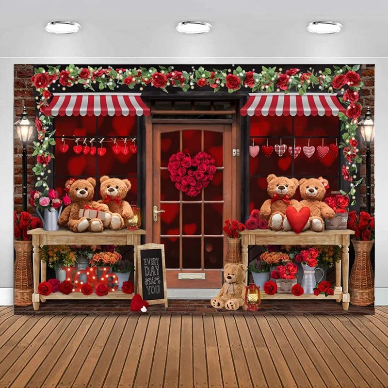 

Valentine's Day Photography Backdrop Red Rose Love Heart Brick Wall Teddy Bear Background Wedding Bridal Party Decoration Banner