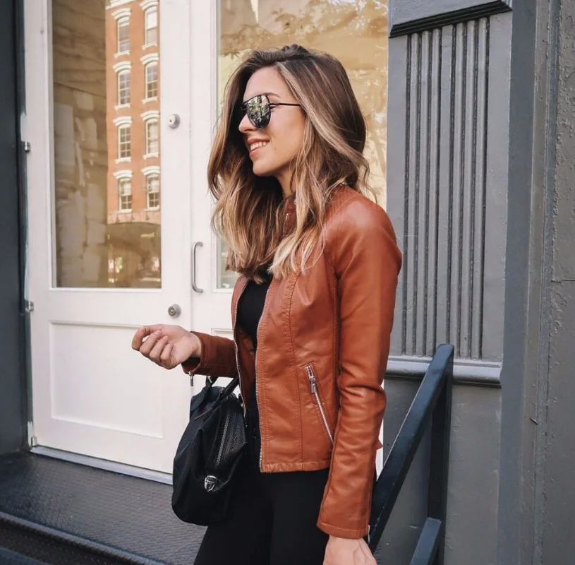 Women Real Leather Jacket Slimfit Lambskin Designer Brown Motorcycle Coat