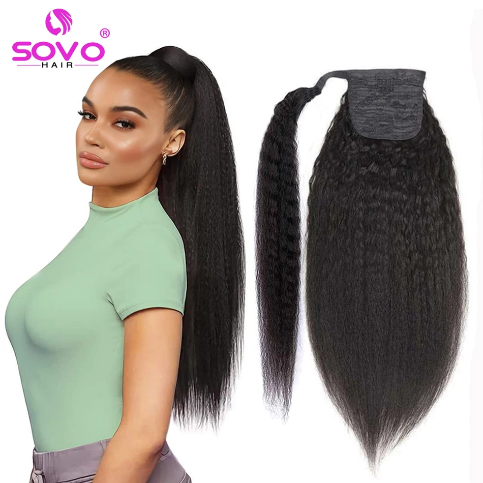 

Kinky Straight Ponytail Yaki Human Hair Hairpiece Wrap on Clip In Hair Extensions Brown Pony Tail Natural Remy Brazilian Hair
