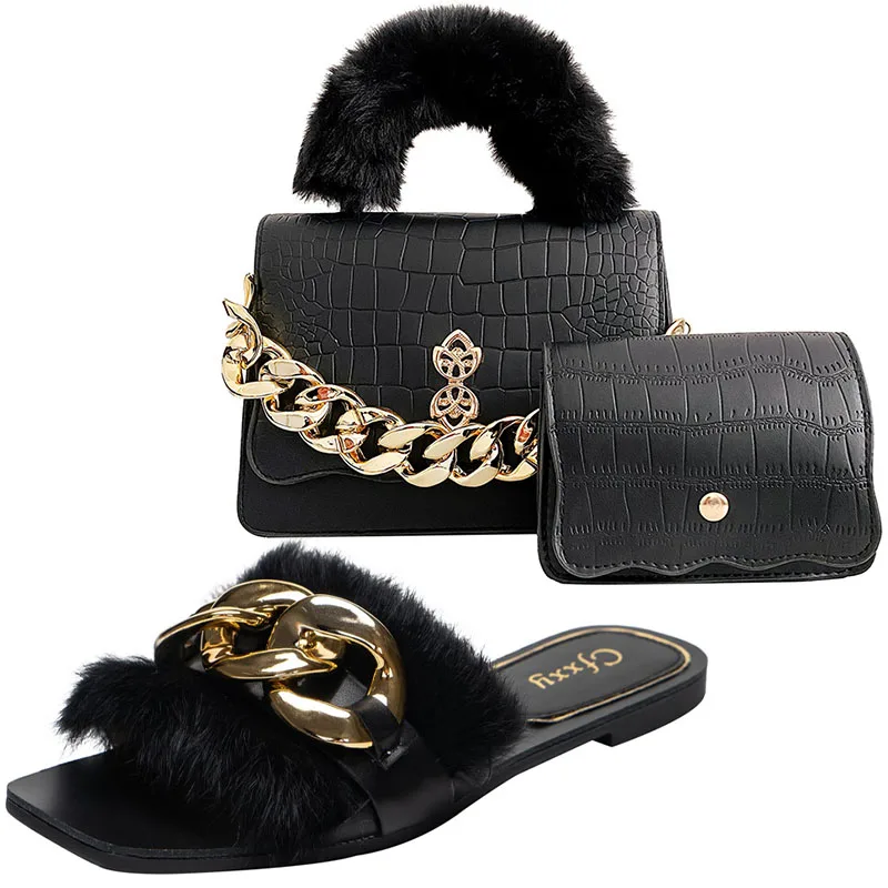 

2022 New Summer Designer Furry Slides Shoulder Bag Flat Women Shoes Plush Sandals Fashion Chain Diagonal Bag Slippers Flip Flops