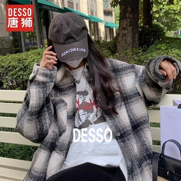 Tang Shi up Desso-Imitated Furs Thickened Plaid Shirts Autumn and Winter New Retro Long sleeve Loose Outerwear Top