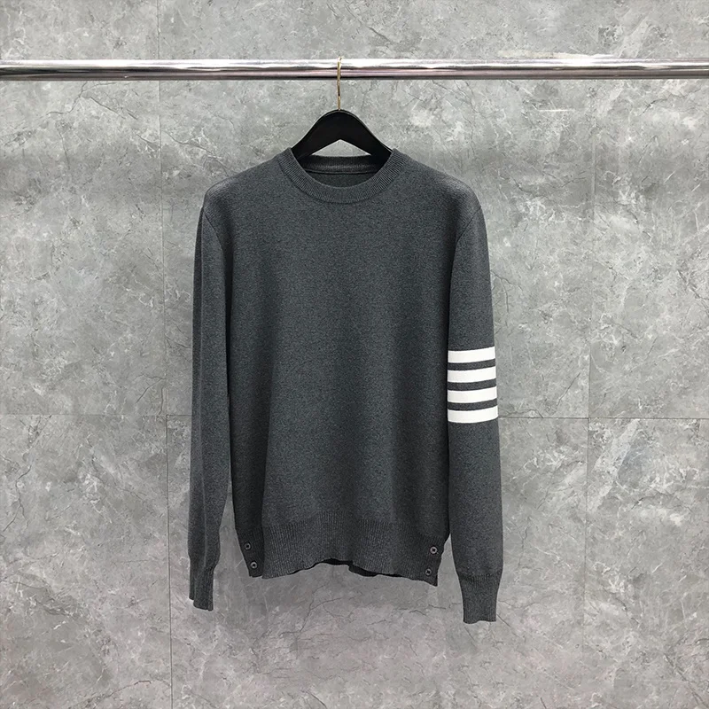 

TB THOM Sweater Autunm Winter Men's Sweaters Fashion Brand Coats Classic Cotton 4-Bar Stripes Crewneck Pullover Gray TB Sweaters