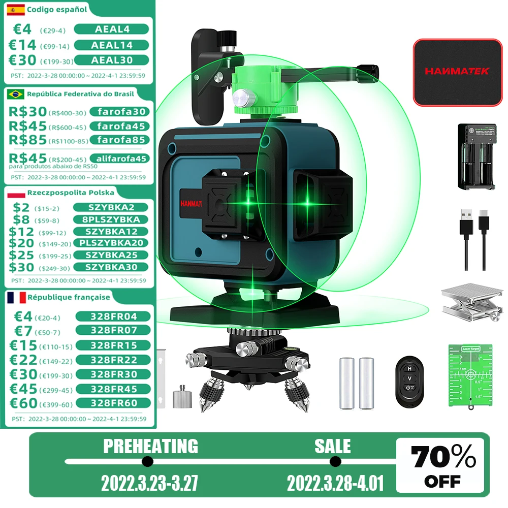 

3D Self-Leveling 360 Degree Green Cross-Line Laser Level with Pulse Boost Mode,Remote Control,Tilt Mode,12 Lines,Stand Included