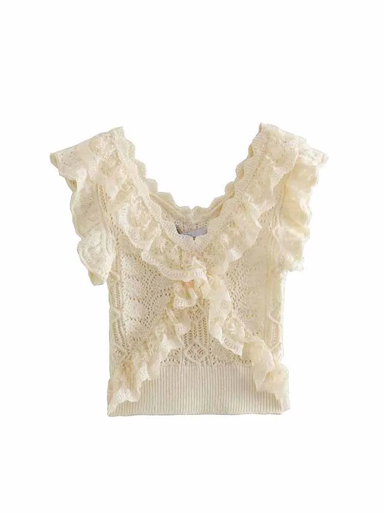 

BSK&ZA&TRF Women 2023 New Fashion Ruffle decoration Cropped Knitted Tops Vintage V Neck Female Waistcoat Chic Tops 4331/029