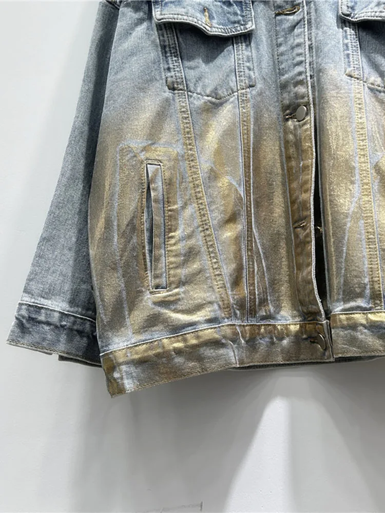 Женская джинсовая куртка DEAT однобортная Свободная с золотым и серебряным