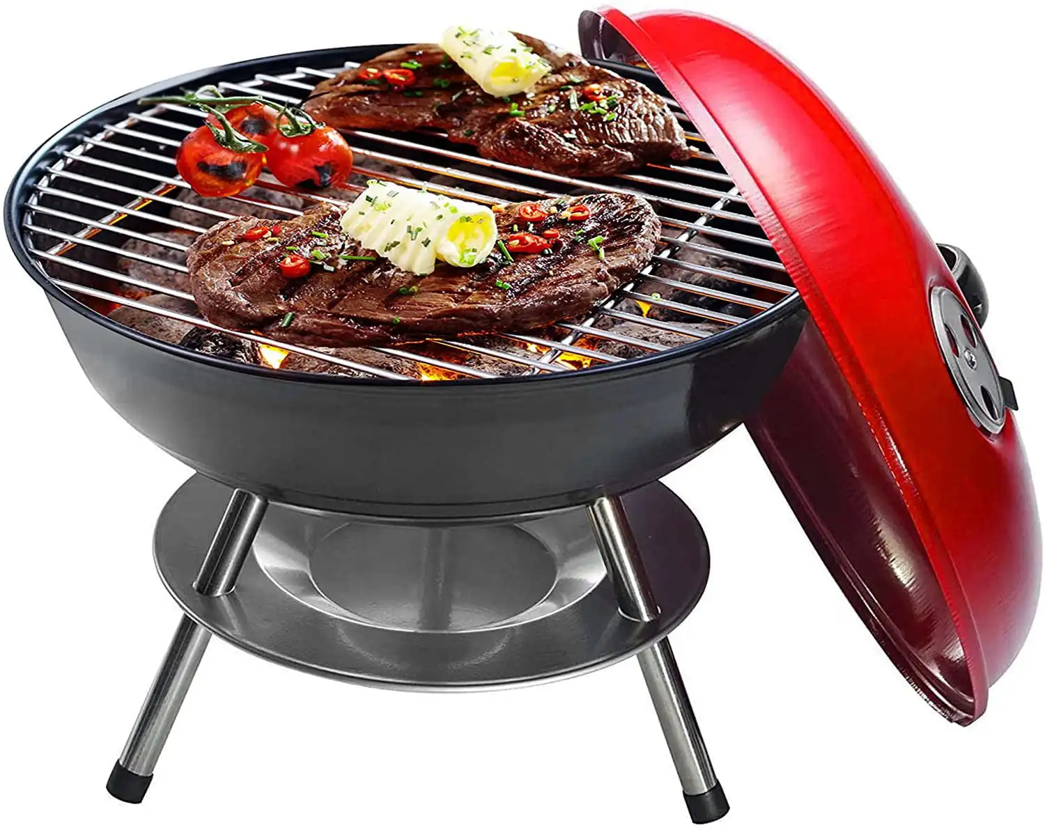 

14-Inch Portable BBQ Charcoal Grill for Outdoor Cooking and Camping, Stainless Steel Body for Heavy Duty with Dual Vent System,