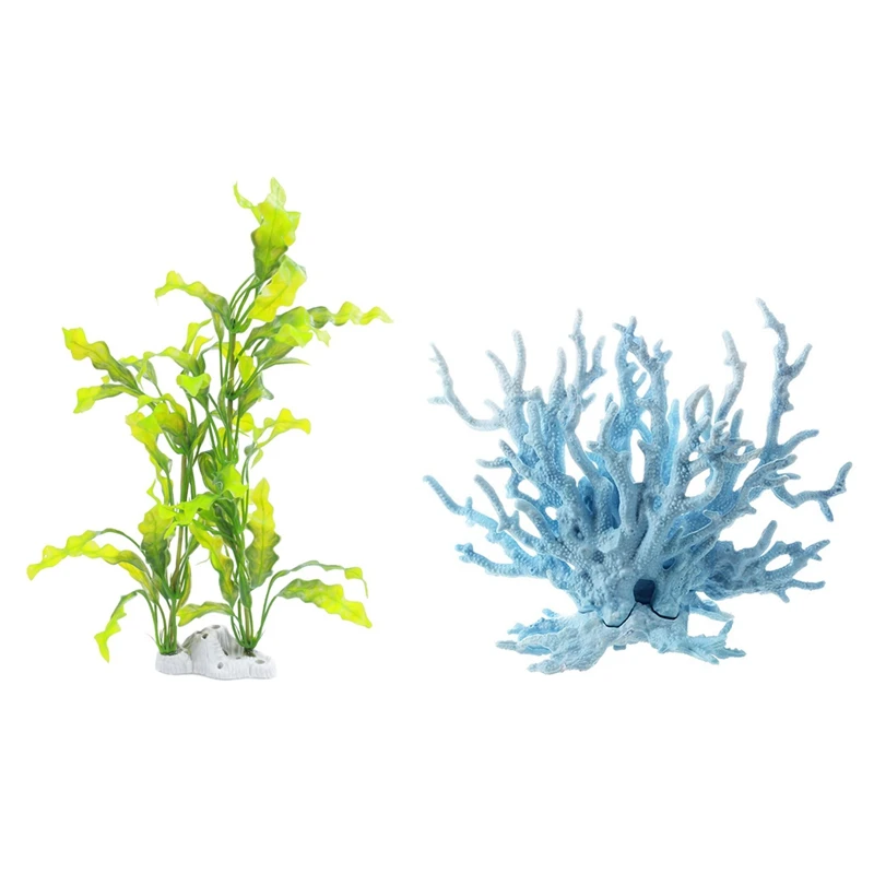 

Best 2 Pcs Aquarium Accessories: 1 Pcs 15.7 Inch Height Plastic Green Plants & 1 Pcs Light Blue Artificial Plastic Coral