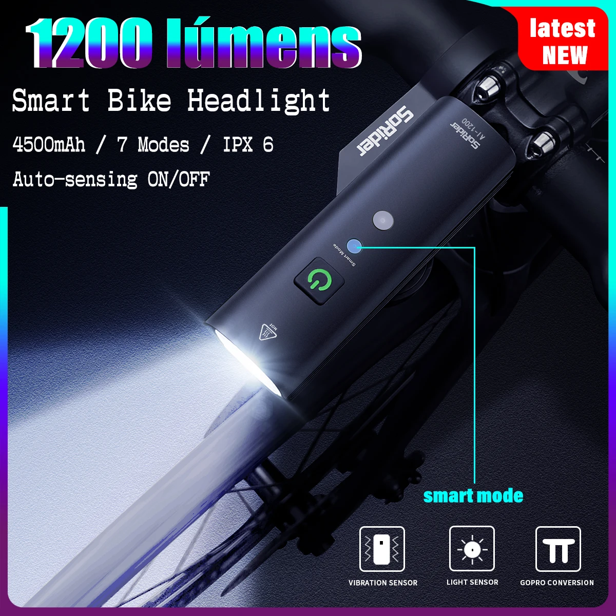 SoRider  MTB Road Bicycle Bike Front Lamp 1200 Lumens 4500mAh Smart Light Sense Waterproof Warning Wide-Angle Flood Headlight