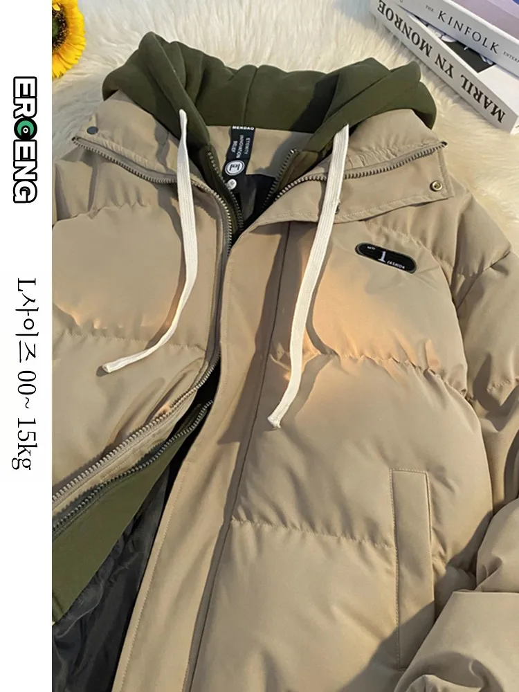 Hood Warm Cotton-Padded Coat for Men Winter 2024 New Gray Hong Kong Sle Plus size Loose Cotton-padded jacket Jacket