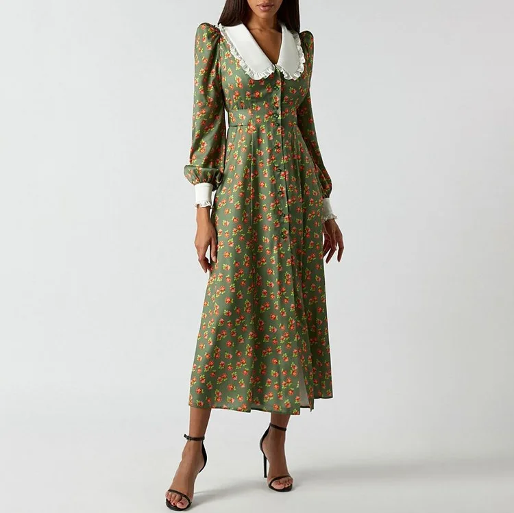 

Elegant peter pan collar lantern long sleeve empire waist button up floral print maxi dress Green pink cute princess clothes